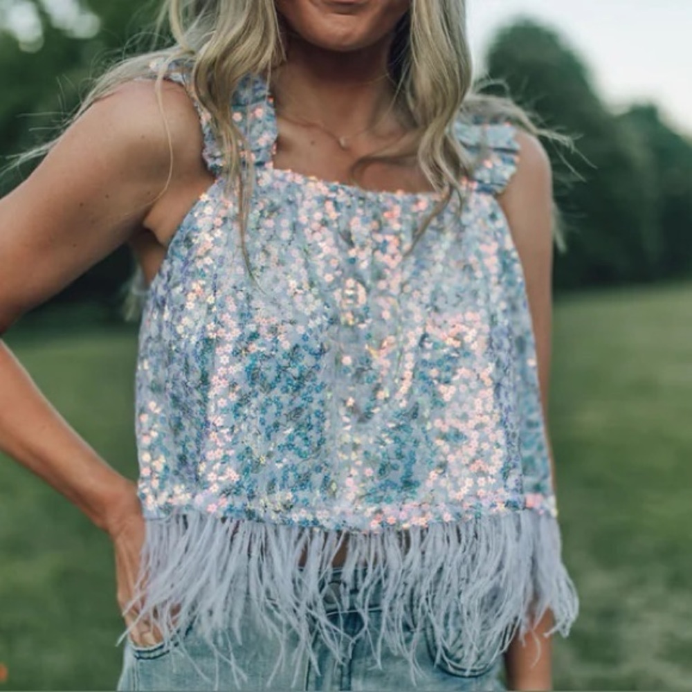 New Queen of Sparkles Flower Sequin Feather top